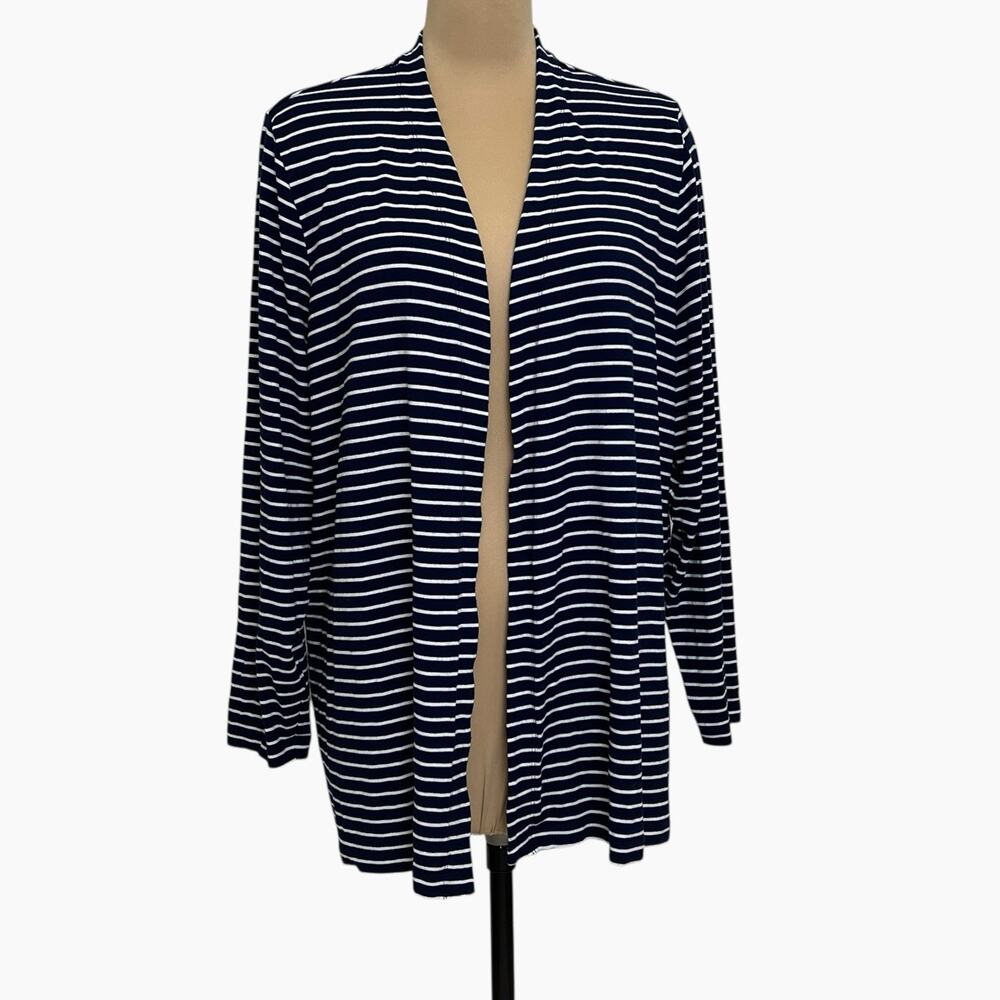 Lands End Open Front Cardigan Size 2X Navy White Stripe Sweater Nautical Preppy